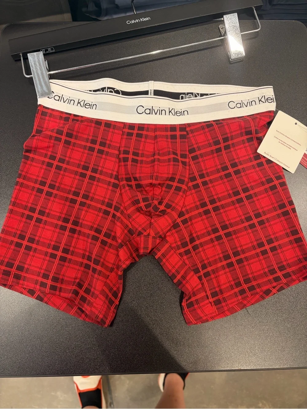 Calvin Klein Red Plaid Stretch Boxer Briefs with Logo Waistband new
